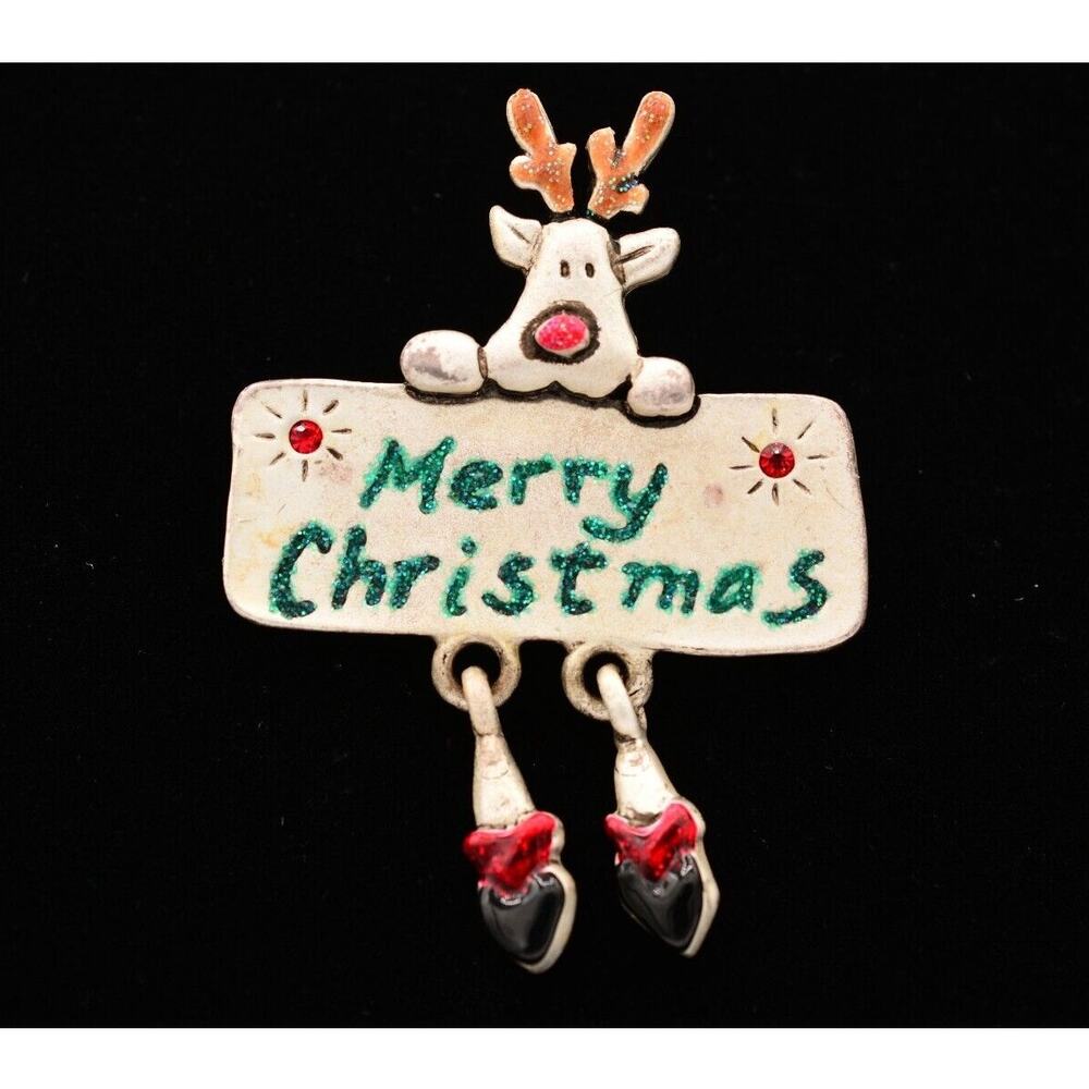 AJMC Reindeer Pin Brooch Merry Christmas Glitter Dangle Legs Signed 1990s BinBA